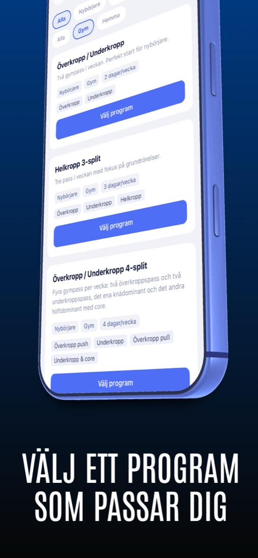 Programväljaren med program för olika nivåer och antal pass